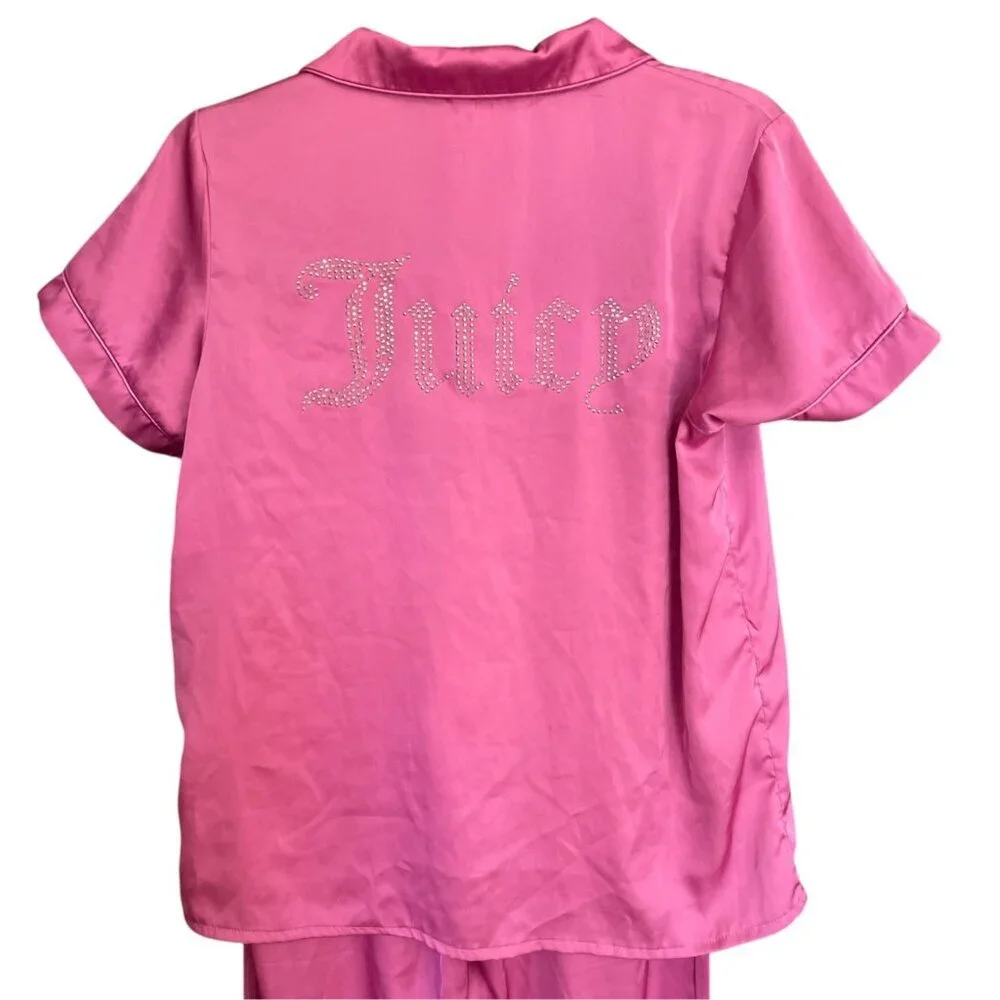 Juicy Couture Pink Satin Pajama Set | Rhinestone Bling Logo PJs Y2K Z M